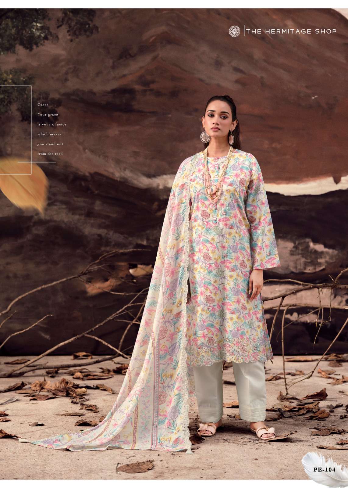 THE HERMITAGE SHOP PETALS IN MAL LAWN COTTON SCHIFFLI WORK SUIT LUXURY WEAR AND FESTIVE FASHION 